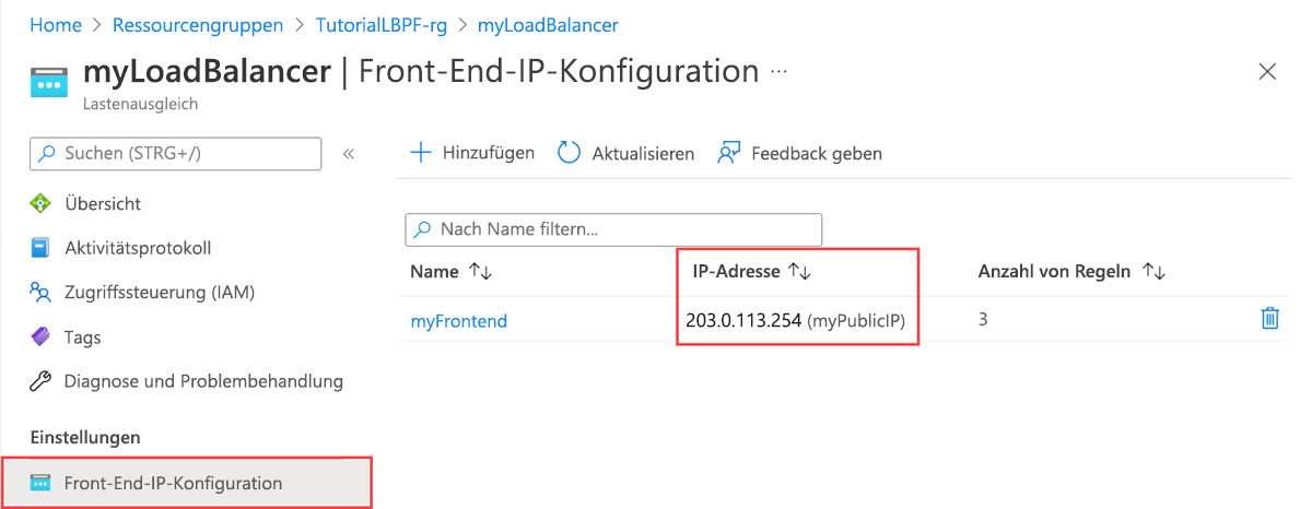 Screenshot: öffentliche IP-Adresse im Azure-Portal