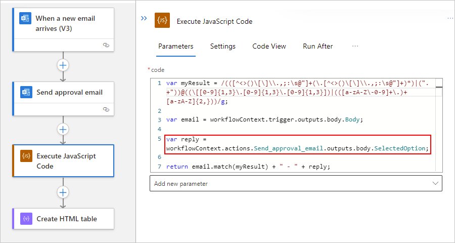 Screenshot: Workflow vom Typ „Standard“ und die Aktion „JavaScript-Code ausführen“ mit aktualisiertem Beispielcodeschnipsel