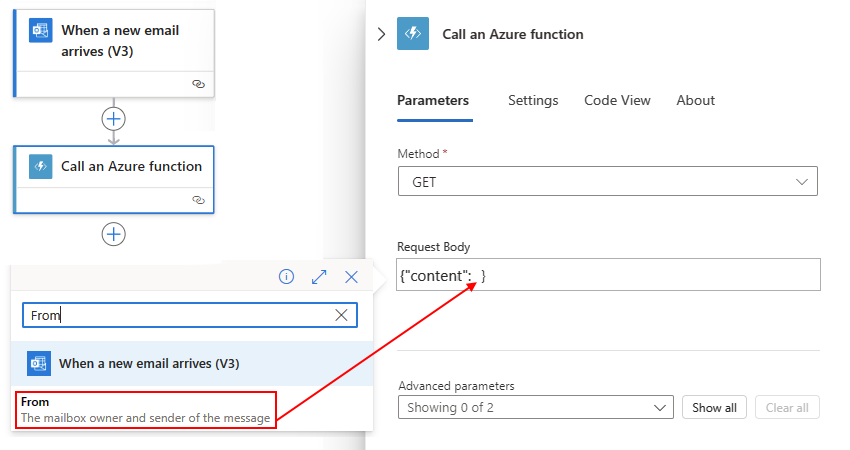 Screenshot: Standard-Workflow und eine Funktion mit einem Anforderungstextbeispiel für die Nutzlast des Kontextobjekts