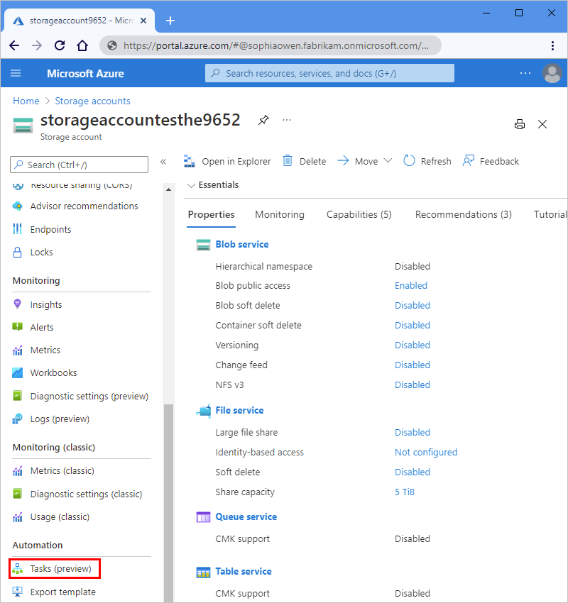 Screenshot: Ressourcenmenü für Azure-Portal und Speicherkonto mit ausgewählter Option „Aufgaben (Vorschau)“