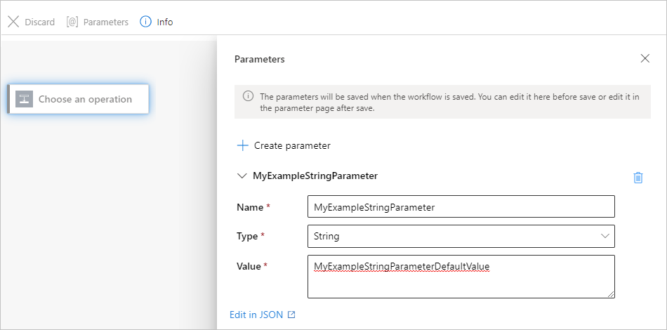 Screenshot: Azure-Portal, Designer für den Workflow im Tarif „Standard“ und Bereich „Parameter“ mit einem Beispiel für eine Parameterdefinition