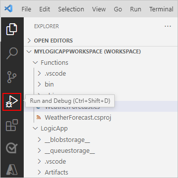 Screenshot: Visual Studio Code-Aktivitätsleiste mit ausgewählter Option „Ausführen und Debuggen“.