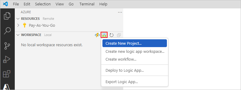 Screenshot des Azure-Fensters, der Arbeitsbereichssymbolleiste und des Menüs „Azure Logic Apps“ mit ausgewählter Option „Neues Projekt erstellen“
