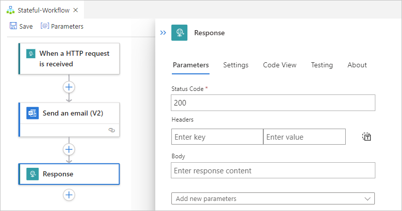 Screenshot: Workflow-Designer und Informationsbereich für „Antwort“.