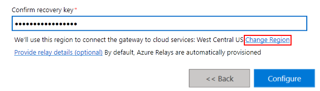 Screenshot eines Teils des Gatewayinstallationsprogramms. Neben der Clouddienstregion des Gateways ist die Option „Region ändern“ hervorgehoben.