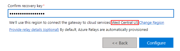 Screenshot eines Teils des Fensters des Gatewayinstallationsprogramms. Die Clouddienstregion des Gateways ist hervorgehoben.