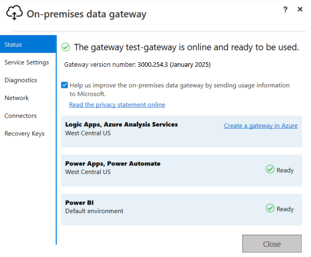 Screenshot des Fensters des Gatewayinstallationsprogramms mit der Schaltfläche „Schließen“ und grünen Häkchen für Power Apps, Power Automate und Power BI.