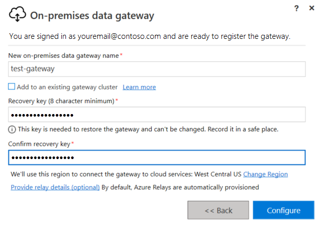 Screenshot des Gatewayinstallationsprogramms mit Eingabefeldern für den Gatewaynamen, einen Wiederherstellungsschlüssel und eine Bestätigung des Wiederherstellungsschlüssels.