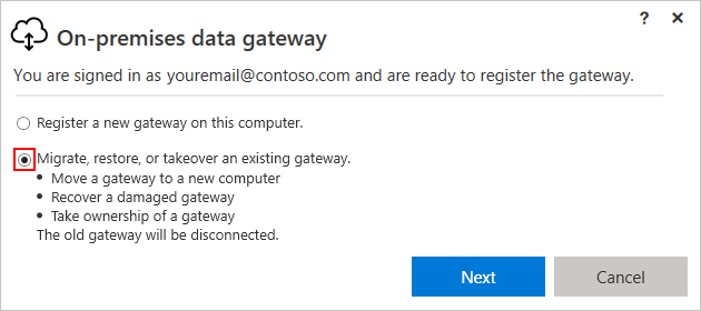 Screenshot des Gatewayinstallationsprogramms mit ausgewählter Option „Vorhandenes Gateway migrieren, wiederherstellen oder übernehmen“.