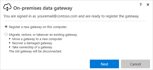 Screenshot des Gatewayinstallationsprogramms mit einer Meldung über die Registrierung des Gateways. Die Option „Neues Gateway auf diesem Computer registrieren“ ist ausgewählt.