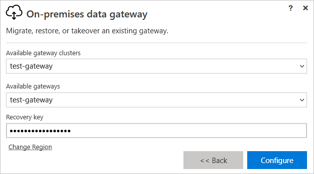 Screenshot des Gatewayinstallationsprogramms mit Werten für „Verfügbare Gatewaycluster“, „Verfügbare Gateways“ und „Wiederherstellungsschlüssel“.