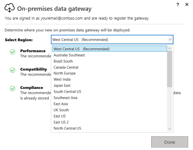 Screenshot eines Teils des Gatewayinstallationsprogramms mit der Liste „Region auswählen“.