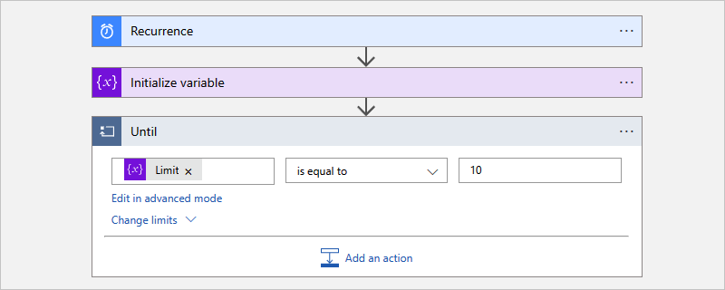 Screenshot eines Verbrauchsworkflows und einer integrierten Aktion namens „Until“ mit fertiger Beendigungsbedingung