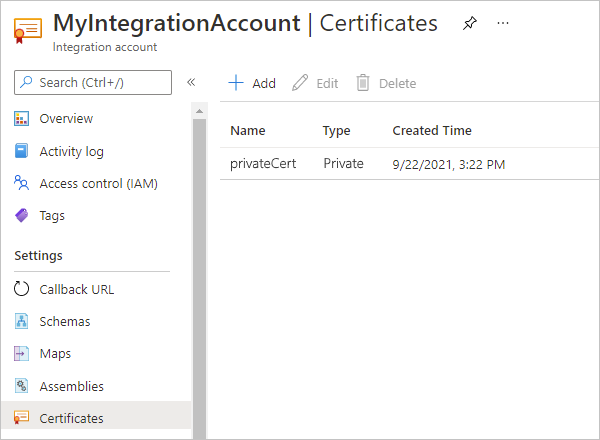 Screenshot von Azure-Portal und Integrationskonto mit dem privaten Zertifikat in der Liste „Zertifikate“