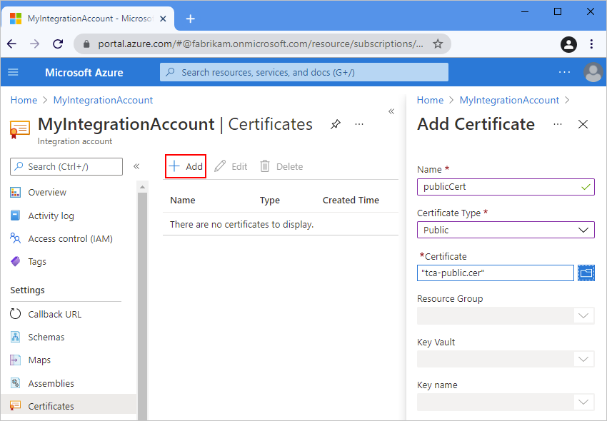 Screenshot von Azure-Portal und Integrationskonto mit ausgewählter Option „Hinzufügen“ und dem Bereich „Zertifikat hinzufügen“ mit Details zum öffentlichen Zertifikat