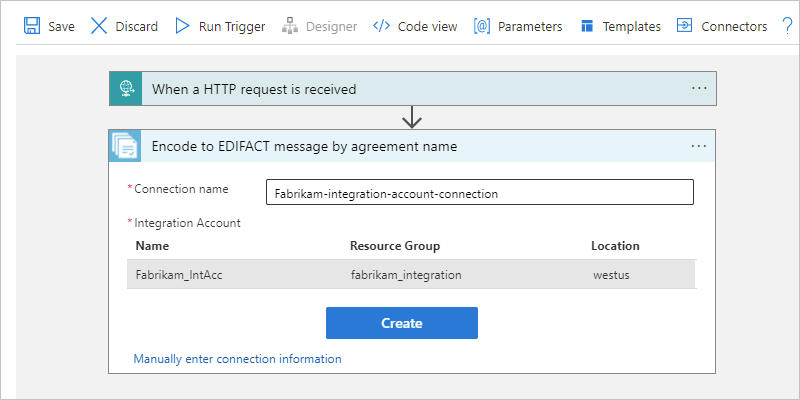 Screenshot des Azure-Portals, des Consumption-Workflows und des Verbindungsfelds für Aktion namens „In EDIFACT-Nachricht codieren“ anhand des Vertragsnamens