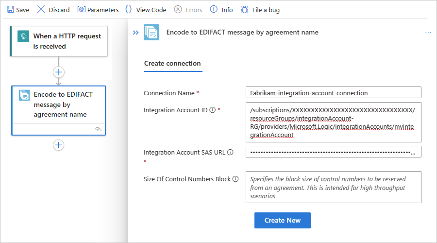 Screenshot des Standard-Workflows und des Verbindungsbereichs für die Aktion „In EDIFACT-Nachricht codieren“ nach Vertragsname