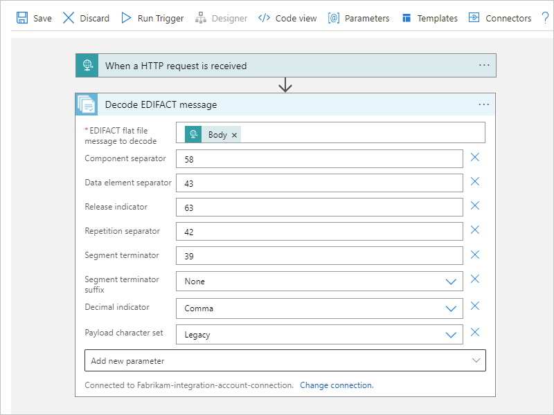 Screenshot: Consumption-Workflow, Aktion „EDIFACT-Nachricht decodieren“ und Nachrichtendecodierungseigenschaften