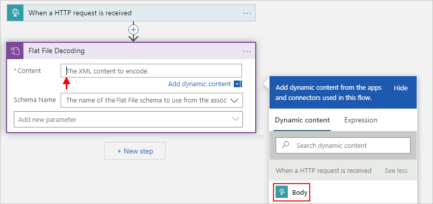 Screenshot des Verbrauchsworkflow-Designers und der Eigenschaft „Inhalt“ mit dynamischer Inhaltsliste und zur Decodierung ausgewähltem Inhalt.