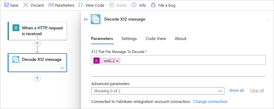 Screenshot eines Standardworkflows, einer Aktion namens „In X12-Nachricht decodieren“ und der Aktionseigenschaften