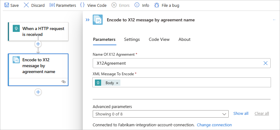 Screenshot eines Standardworkflows, einer Aktion namens „In X12-Nachricht nach Vereinbarungsname codieren“ und der Aktionseigenschaften