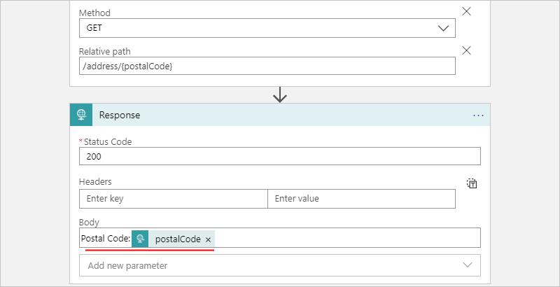 Screenshot: Verbrauch-Workflow und Beispielantworttext mit Parameter.