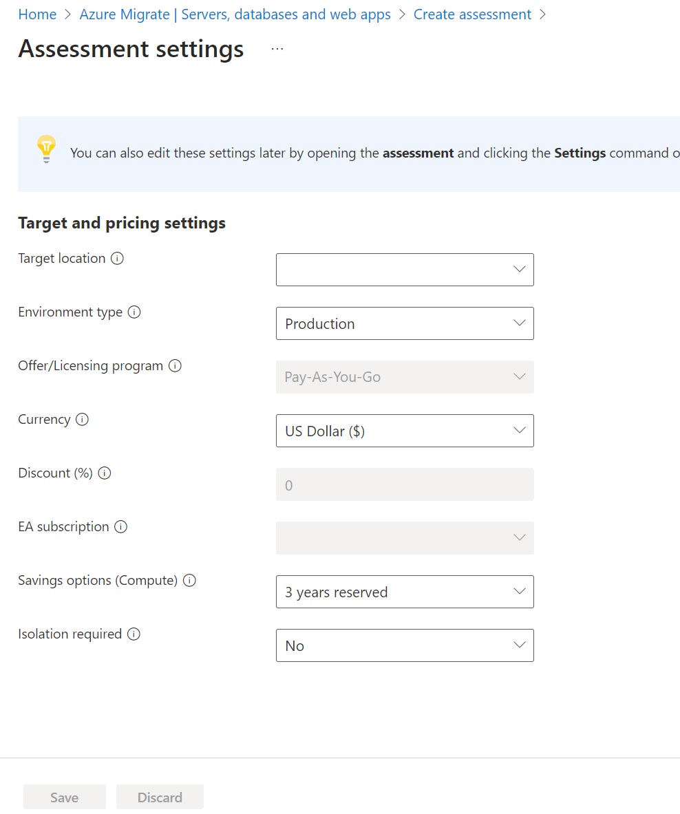 Screenshot der Bewertungseinstellungen für Azure Migrate.