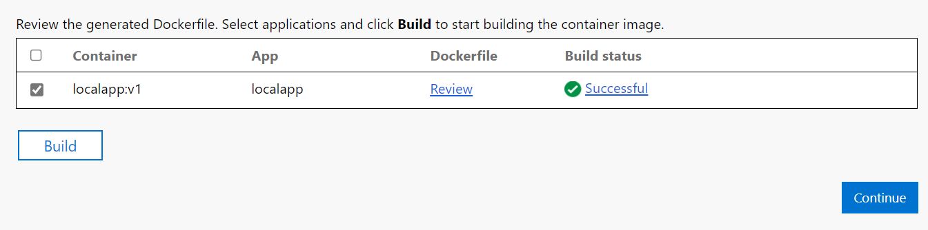 Screenshot: Link „Review“ (Überprüfen), Status des Containerimages und Schaltflächen „Build“ (Erstellen) und „Continue“ (Weiter)