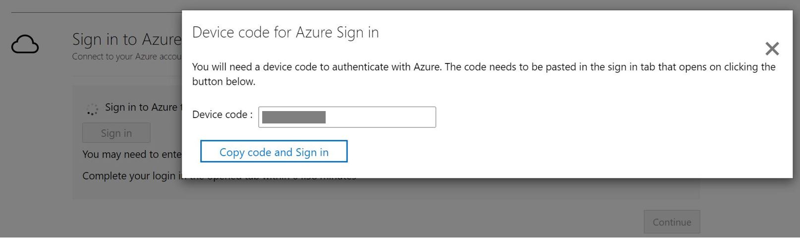 Screenshot: Fenster mit Gerätecode für Azure-Anmeldung