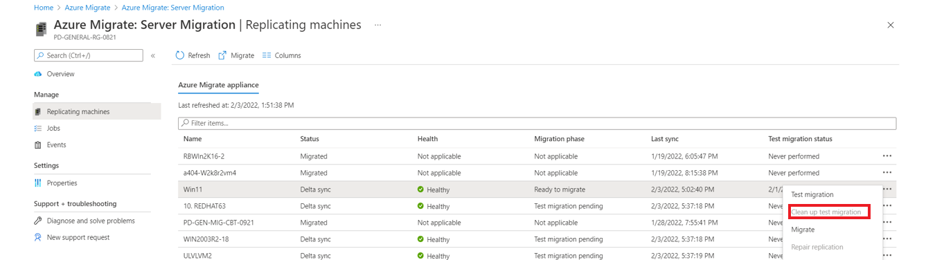 Screenshot der Option „Testmigration bereinigen“