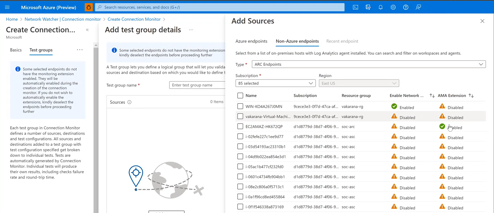 Screenshot: Hosts mit Azure Arc- und Azure Monitor-Agent-Unterstützung