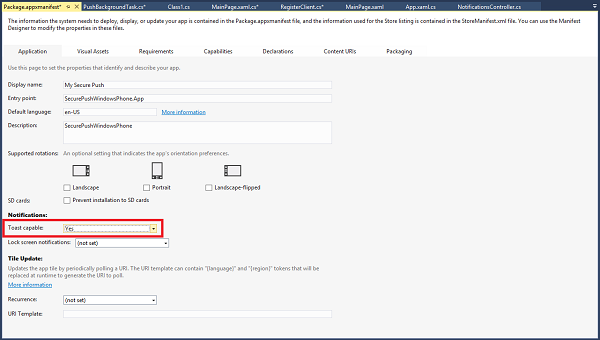 Screenshot des Projektmappen-Explorer-Fensters mit Fokus auf der Datei „Package.appxmanifest“ mit auf „Ja“ festgelegter Option „Toastfähig“ (rot umrandet).