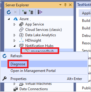 Visual Studio – Server-Explorer: Menü „Diagnose“