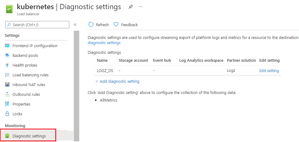 Screenshot der Azure-Überwachungsdiagnoseeinstellungen für Logz.io