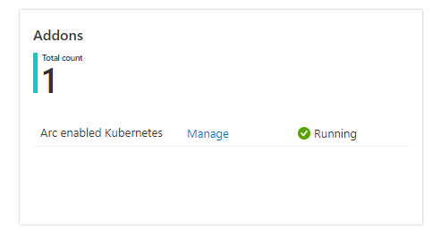 Screenshot: Ausschnitt des Übersichtsbereichs für „Azure Kubernetes Service (VORSCHAU)“ mit dem Link „Verwalten“ für Kubernetes mit Arc-Unterstützung