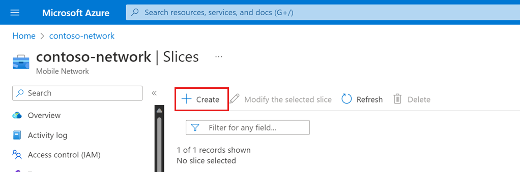 Screenshot of the Azure portal showing the Create slice option.