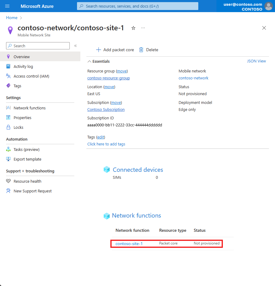 Screenshot of the Azure portal. It shows a Mobile Network Site with a Packet Core resource highlighted.