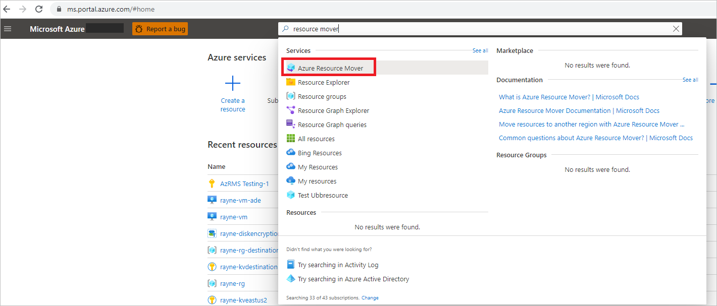 Screenshot: Suchergebnisse für Azure Resource Mover im Azure-Portal