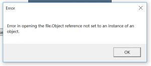 Screenshot: Fehler beim Öffnen der Datei. Der Objektverweis wurde nicht auf eine Instanz eines Objekts festgelegt.
