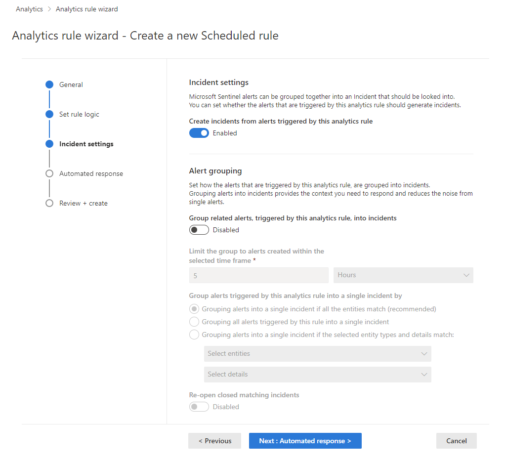 Screenshot des Bildschirms „Vorfalleinstellungen“ des Assistenten für Analyseregel im Defender-Portal.