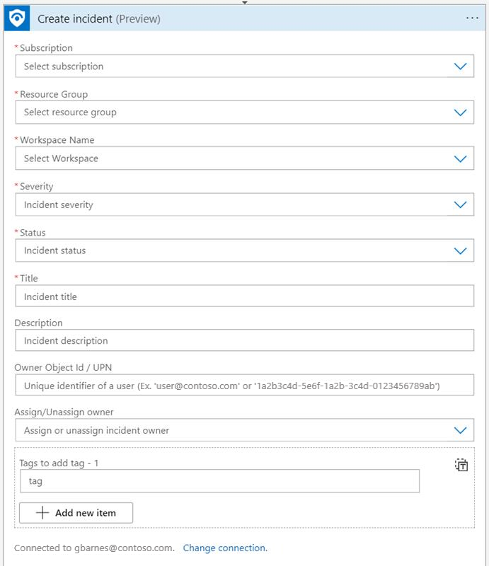 Screenshot der Aktionsparameter zur Erstellung von Vorfällen im Microsoft Sentinel-Connector.