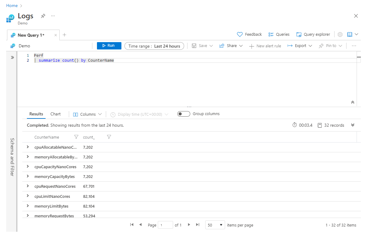 Screenshot der Ergebnisse des „summarize“-Operators mit Anzahlaggregation (count).