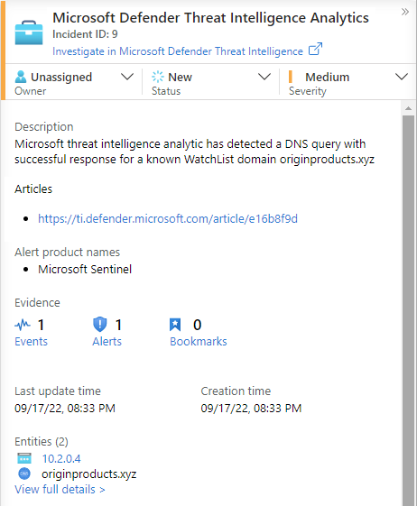 Screenshot eines von einer Abgleichsanalyse generierten Incidents mit hoher Genauigkeit und zusätzlichen Kontextinformationen von Defender Threat Intelligence