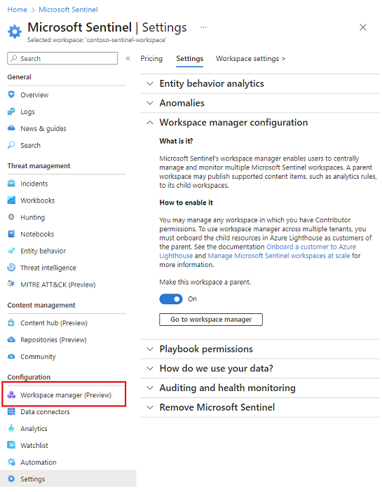 Screenshot zeigt die Konfigurationseinstellungen für den Arbeitsbereichsmanager. Das für den Arbeitsbereichsmanager hinzugefügte Menüelement ist hervorgehoben und die Umschaltfläche ist auf „ein“.