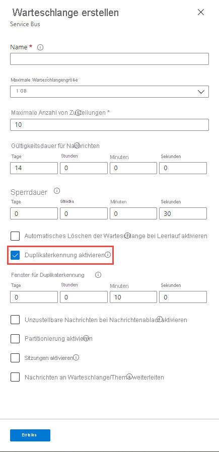 Enable duplicate detection at the time of the queue creation