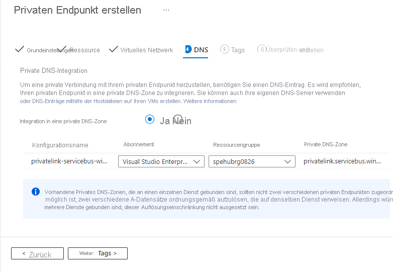 Screenshot: Seite „DNS“ des Assistenten zum Erstellen eines privaten Endpunkts.
