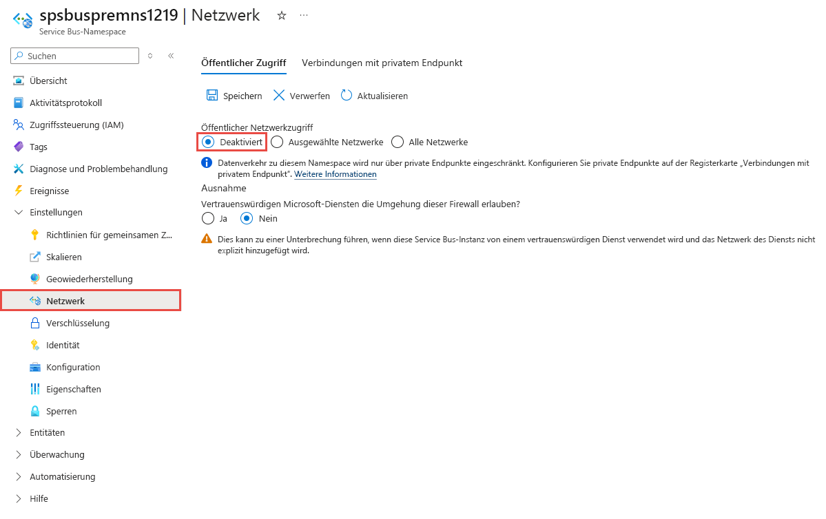 Screenshot der Seite „Netzwerk“, auf der die Option „Öffentlicher Netzwerkzugriff“ deaktiviert ist.