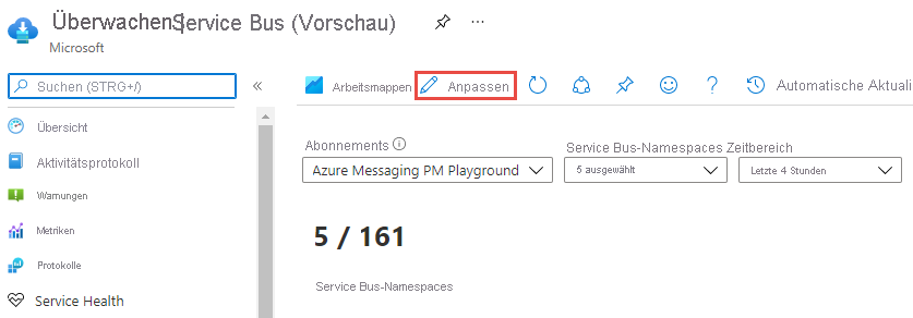 Screenshot: Auswahl der Schaltfläche „Anpassen“ in der Symbolleiste