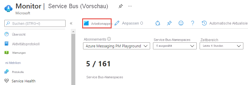 Screenshot: Auswahl der Symbolleistenschaltfläche „Arbeitsmappen“