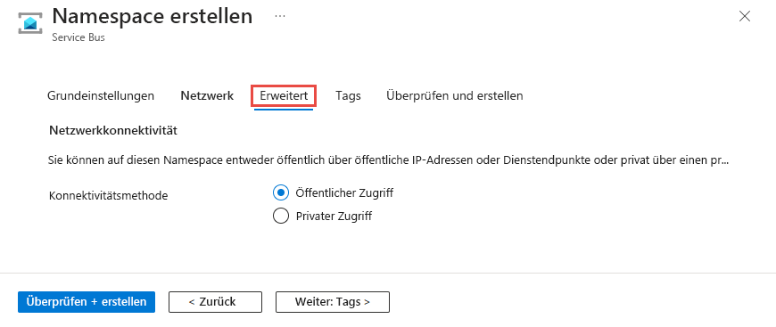 Screenshot: Seite „Netzwerk“ des Assistenten zum Erstellen von Namespaces mit ausgewählter Option „Öffentlicher Zugriff“